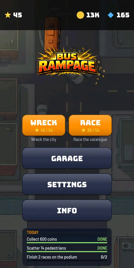 Main menu with Wreck and Race modes